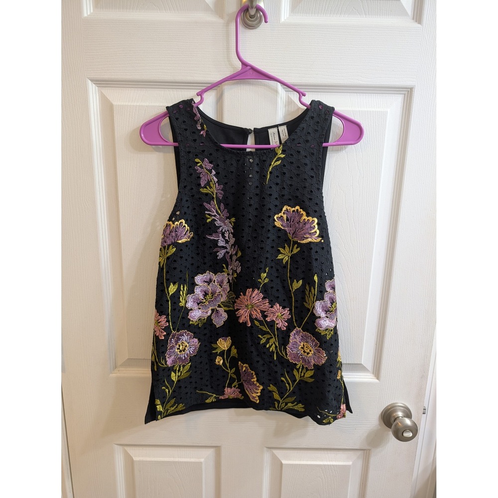 Meadow Rue by Anthropologie Embroidered Eyelet‎ Floral Tank Top Black  - Size XS